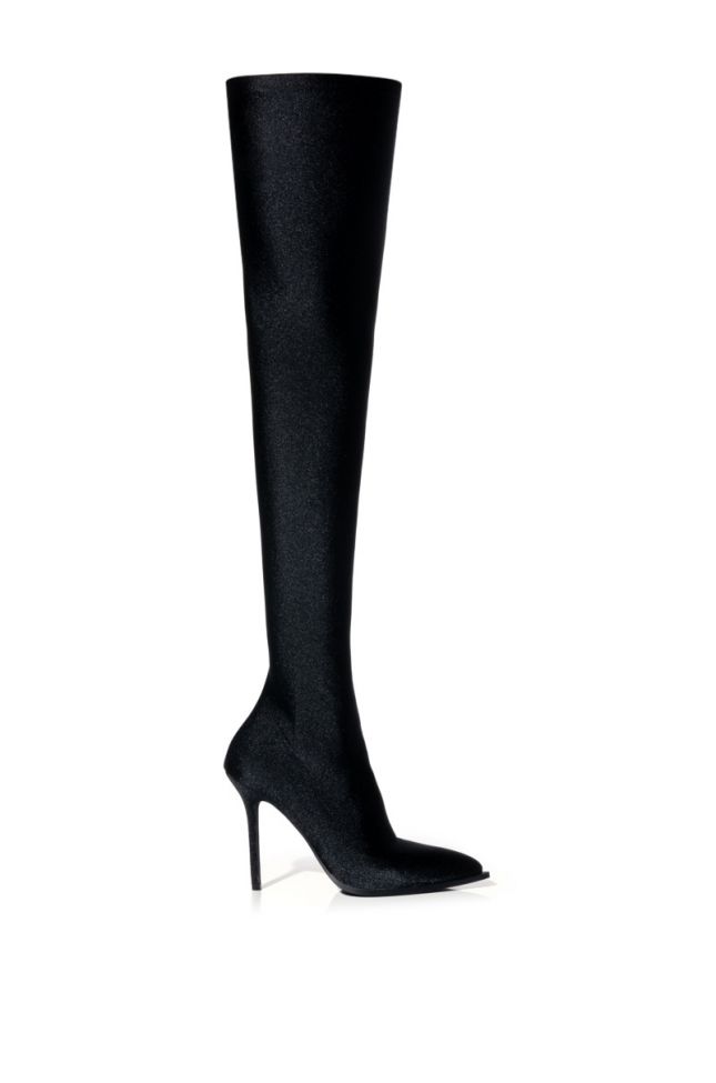 Side View Azalea Wang Star Stretch New Level Thigh High Stiletto Boot In Black