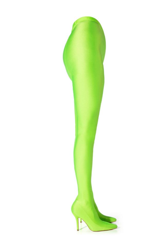 Side View Azalea Wang Star Stretch Sexy Stiletto Pant Boot In Lime