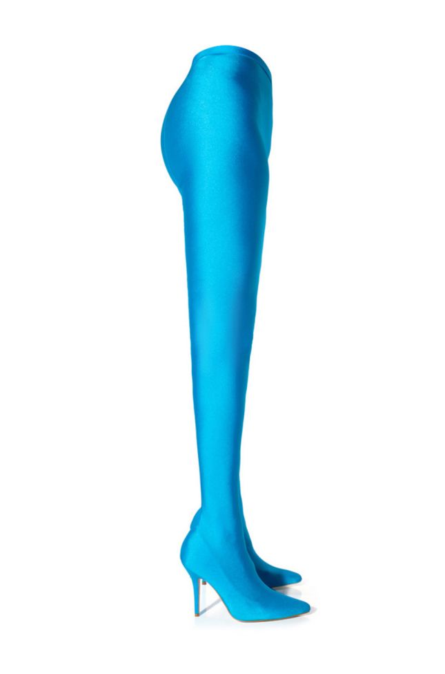 Back View Azalea Wang Star Stretch Stiletto Pant Boot In Turquoise