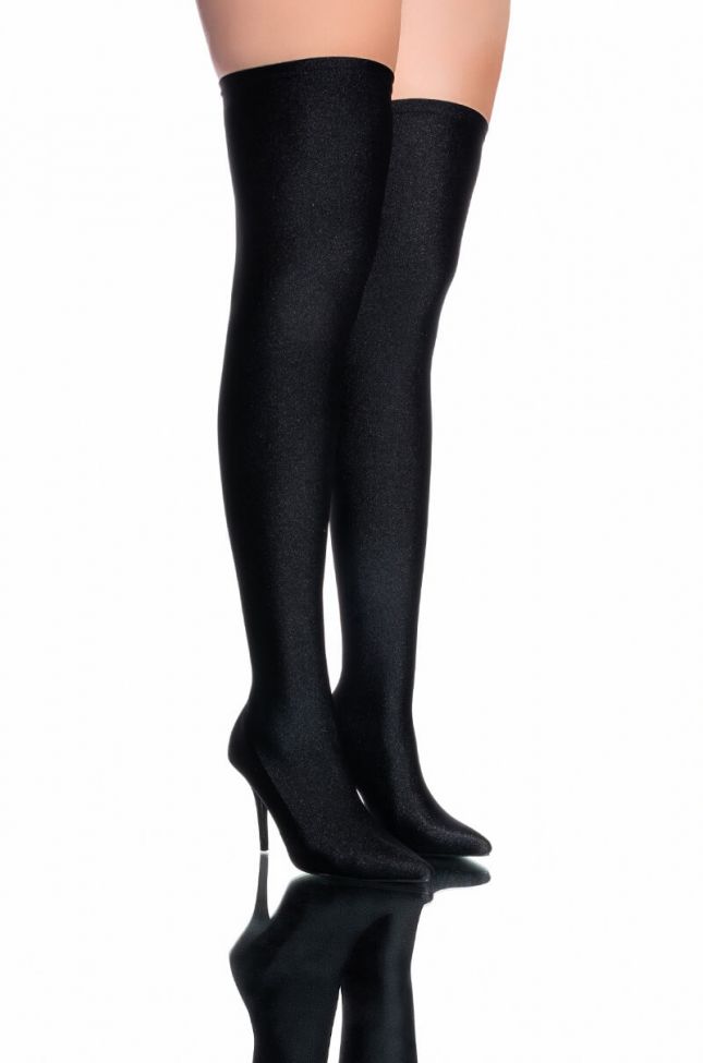 Front View Azalea Wang Star Stretch Thigh High Stiletto Boot In Black