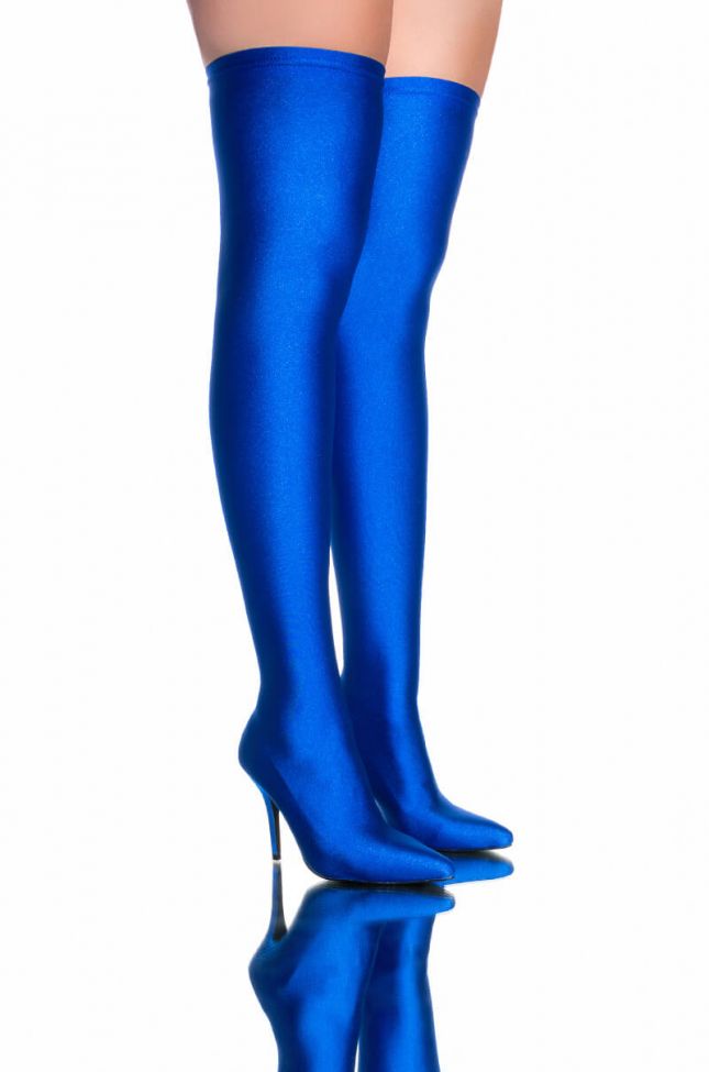 Side View Azalea Wang Star Stretch Thigh High Stiletto Boot In Blue