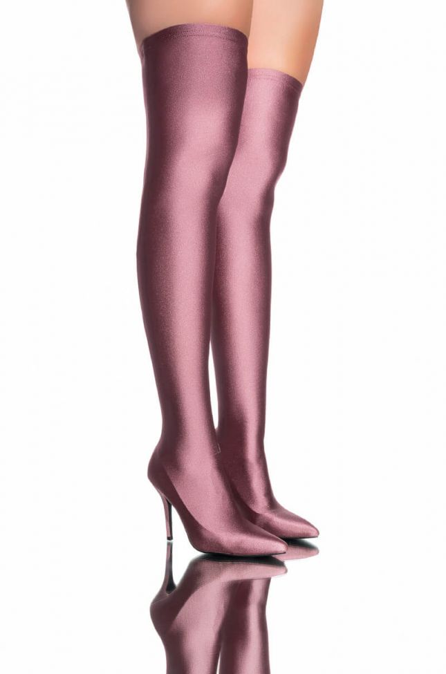 Front View Azalea Wang Star Stretch Thigh High Stiletto Boot In Taupe