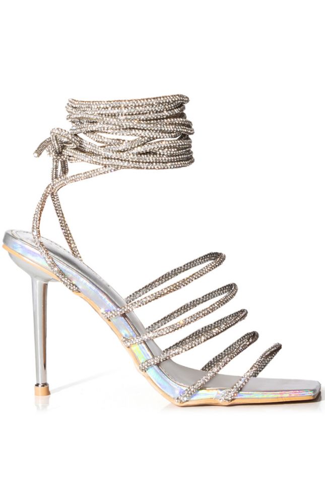 Back View Azalea Wang Station Sexy Tie Up Stiletto Sandal In Silver