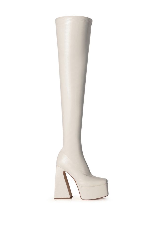 Side View Azalea Wang Strut This Way Thigh High Platform Boot In White