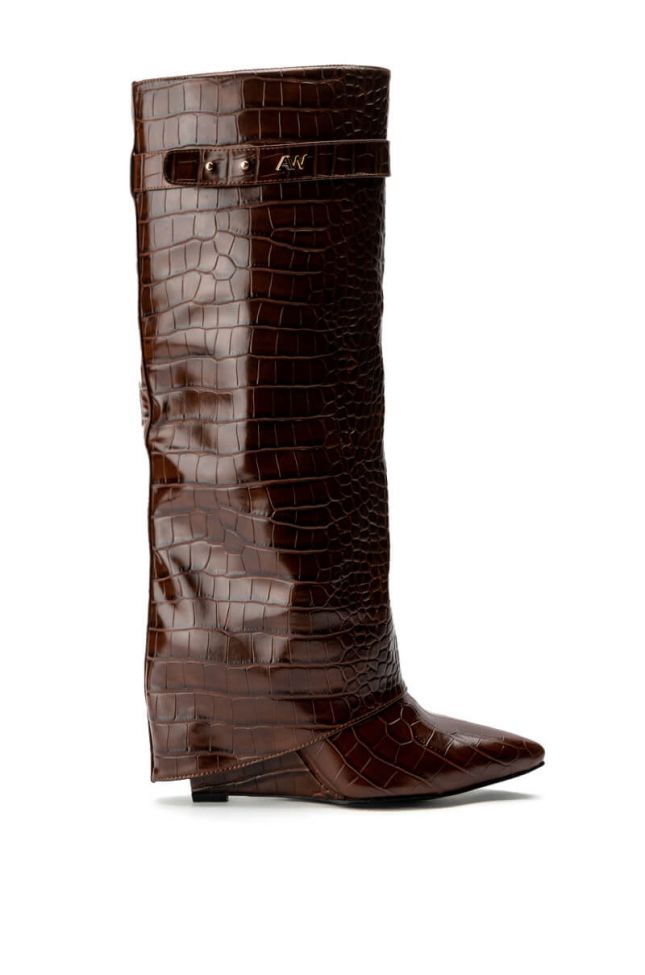 Side View Azalea Wang Stuck On You Fold Over Wedge Boot In Brown Croc