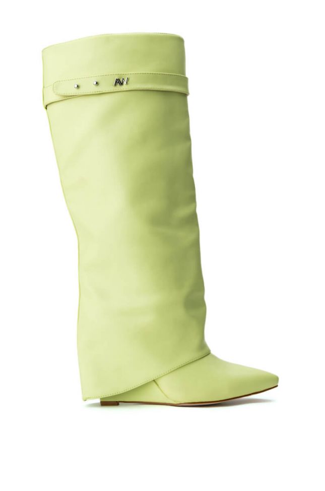 Side View Azalea Wang Stuck On You Fold Over Wedge Boot In Sunny Lime
