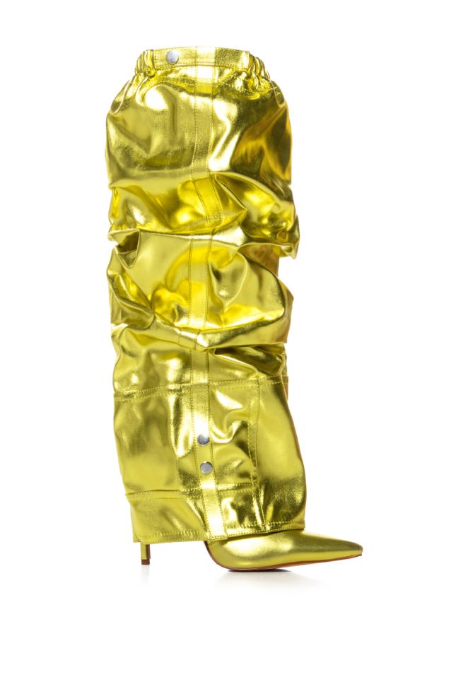 Side View Azalea Wang Sutter Yellow Metallic Pant Look Boot