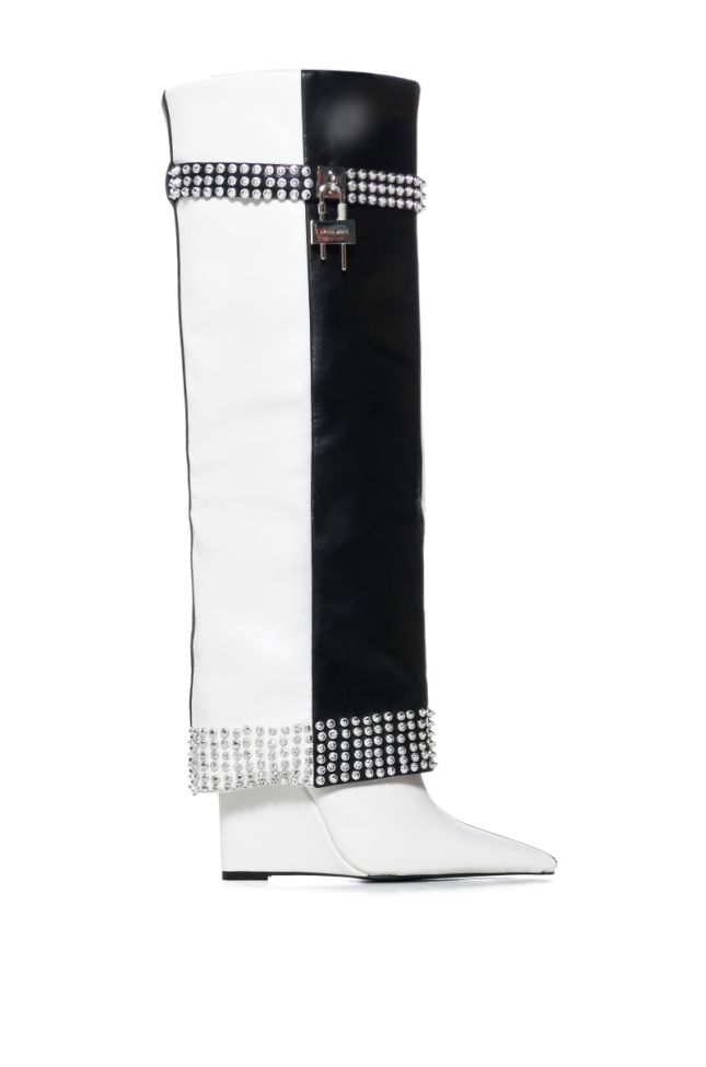 Side View Azalea Wang Swans Black And White Colorblock Studded Boot
