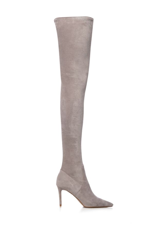 Side View Azalea Wang Swipe Right Suede Thigh High Boot In Gray