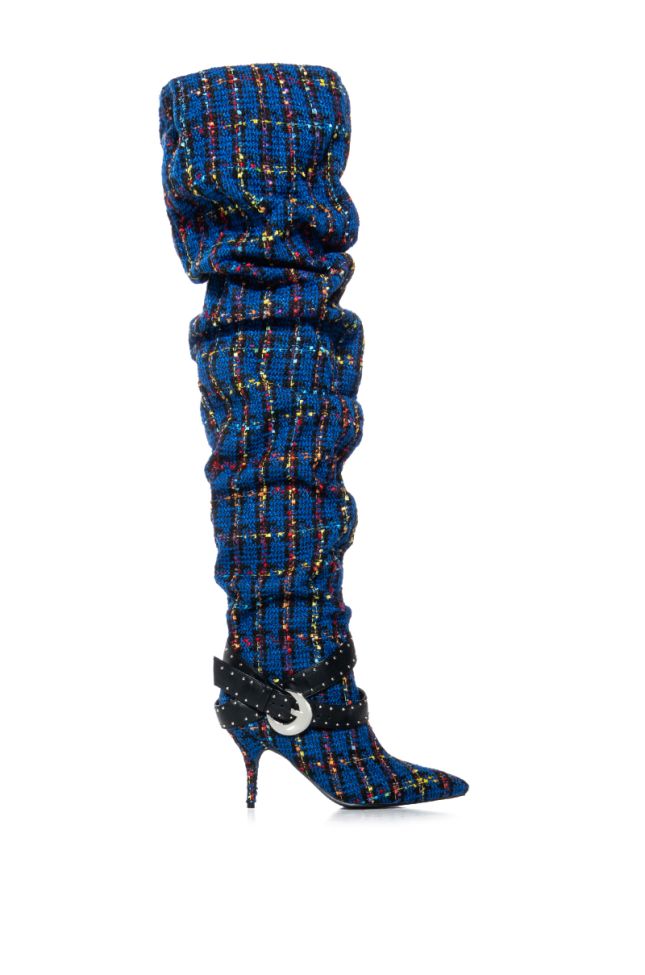 Back View Azalea Wang Taja Plaid Thigh High Boot With Buckle Detail In Blue