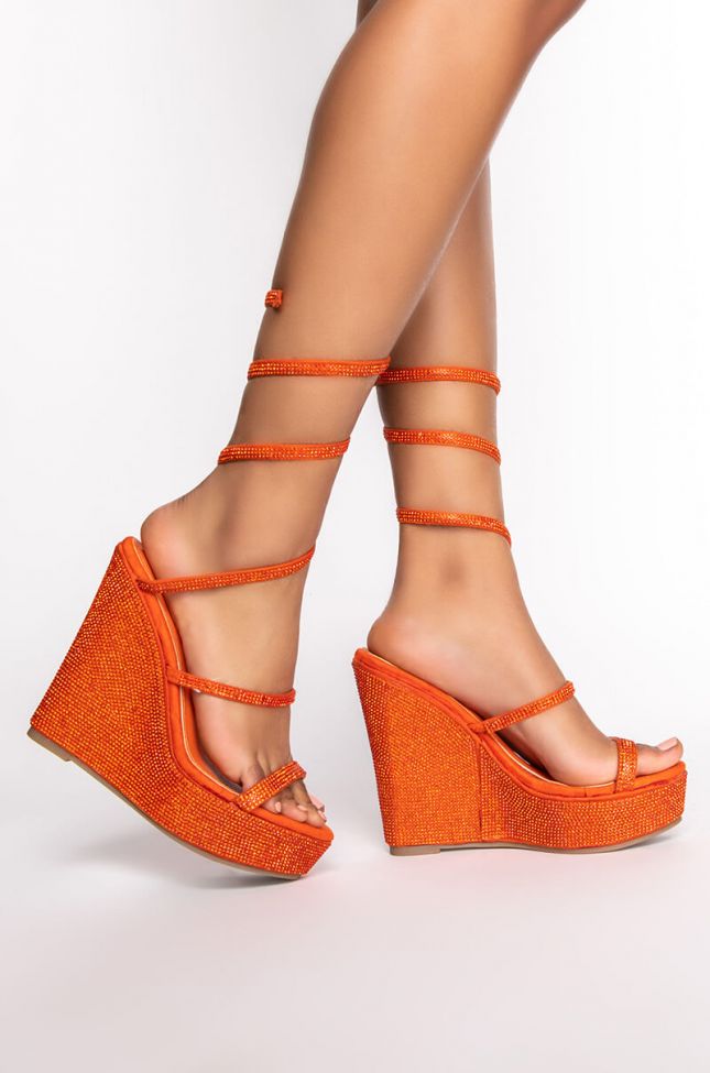Front View Azalea Wang Take Me To The Cosmo Wedge Sandal In Orange