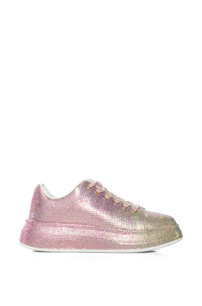 Side View Azalea Wang Tangy Ombre Rhinestone Flatform Sneaker In Pink