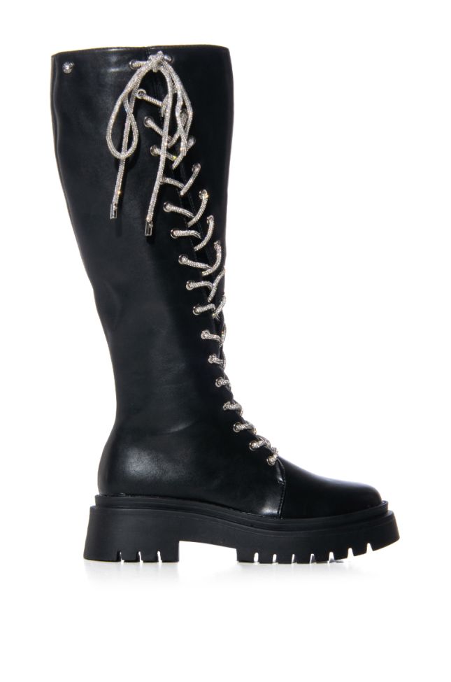 Side View Azalea Wang Tanner Rhinestone Lace Up Combat Boot In Black
