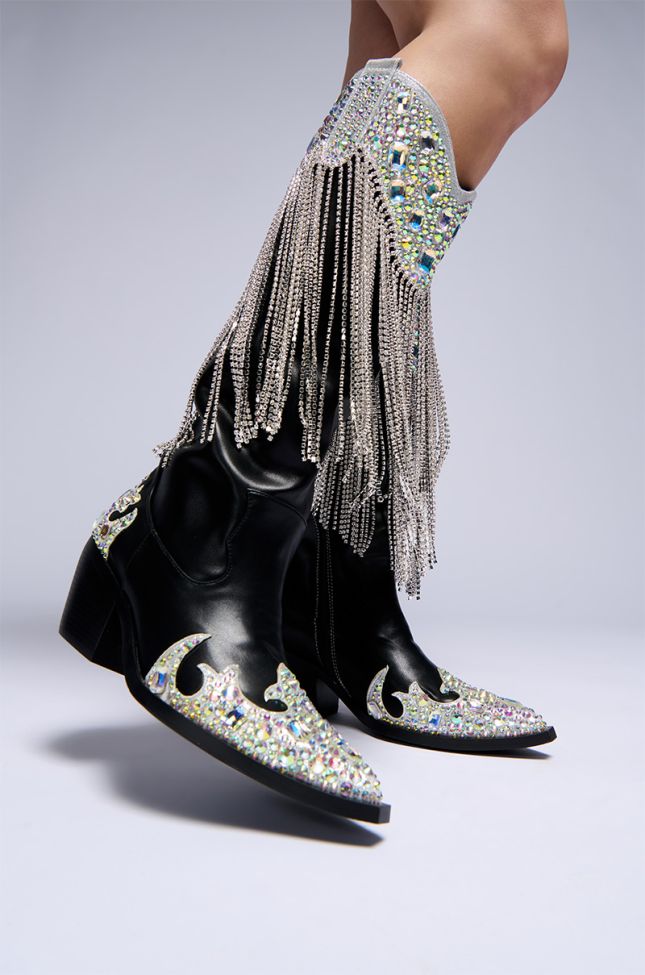 Front View Azalea Wang Temptress Black Embellished Cowboy Boot