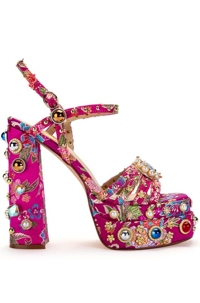 Side View Azalea Wang The Glam Life For Me Strappy Embellished Chunky Sandal In Pink