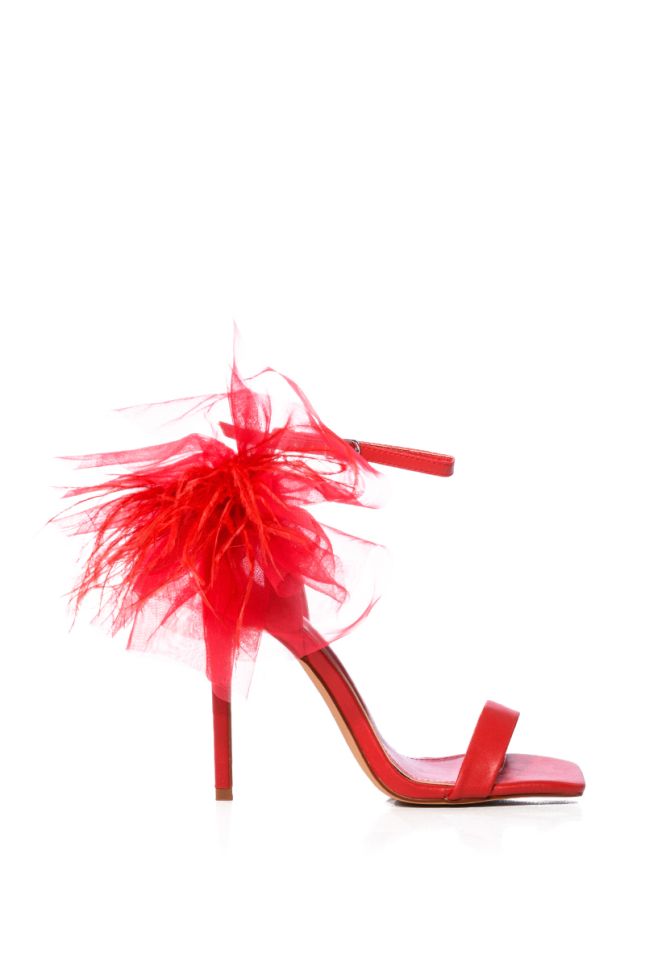 Side View Azalea Wang Thora Red Tulle Ankle Detail Sandal
