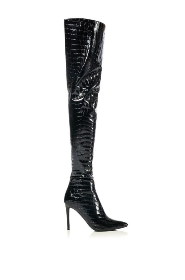 Side View Azalea Wang Thriller Over The Knee Croc Stiletto Boot In Black