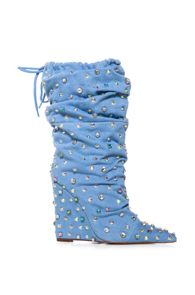 Side View Azalea Wang To The Moon Embellished Wedge Bootie In Denim
