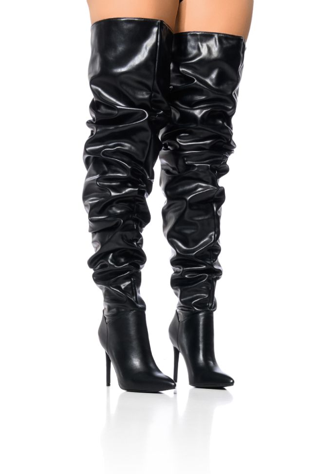 Front View Azalea Wang Torvi Ruched Thigh High Boot In Black