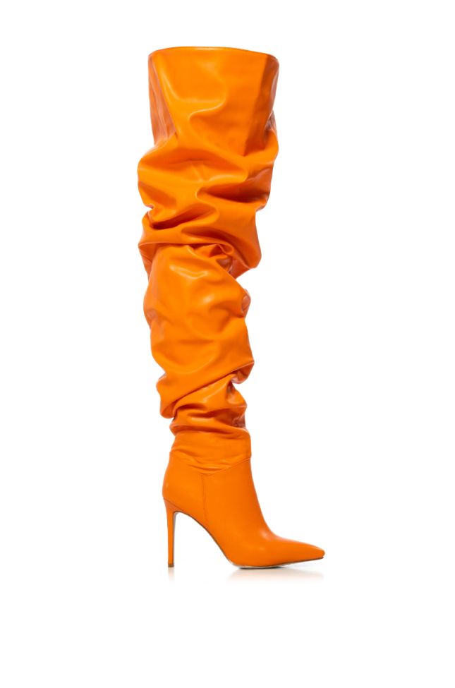Side View Azalea Wang Torvi Ruched Thigh High Boot In Orange