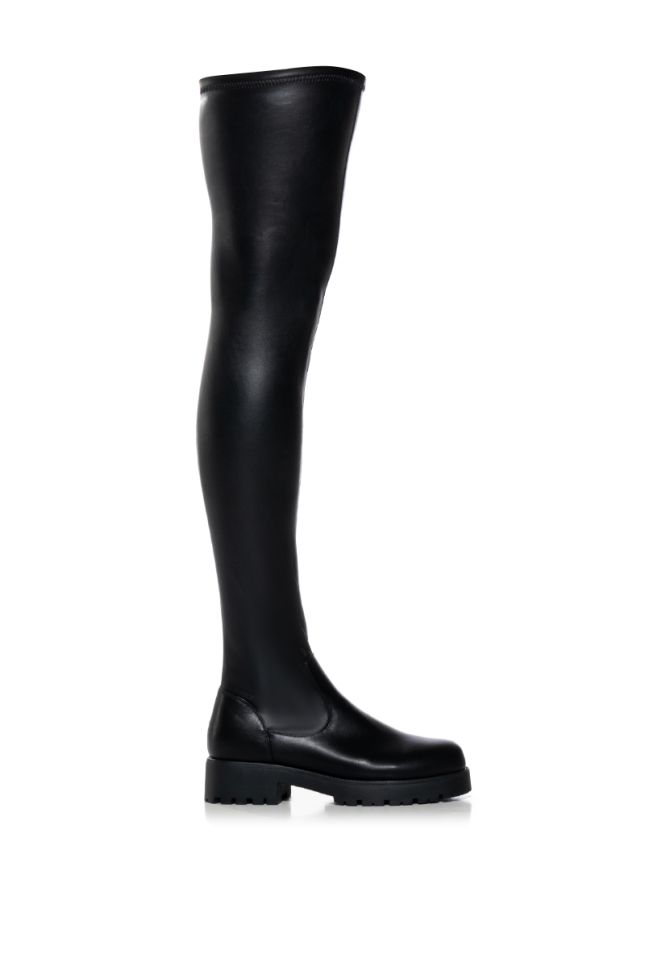 Side View Azalea Wang Trim Sureva Thigh High Boot With 4 Way Stretch In Black