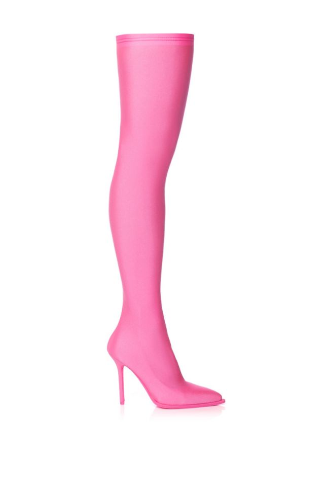 Side View Azalea Wang Trixie Disco Stretch Stiletto Boot In Pink