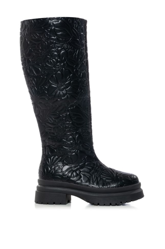 Side View Azalea Wang Tuffin Black Floral Embossed Boot