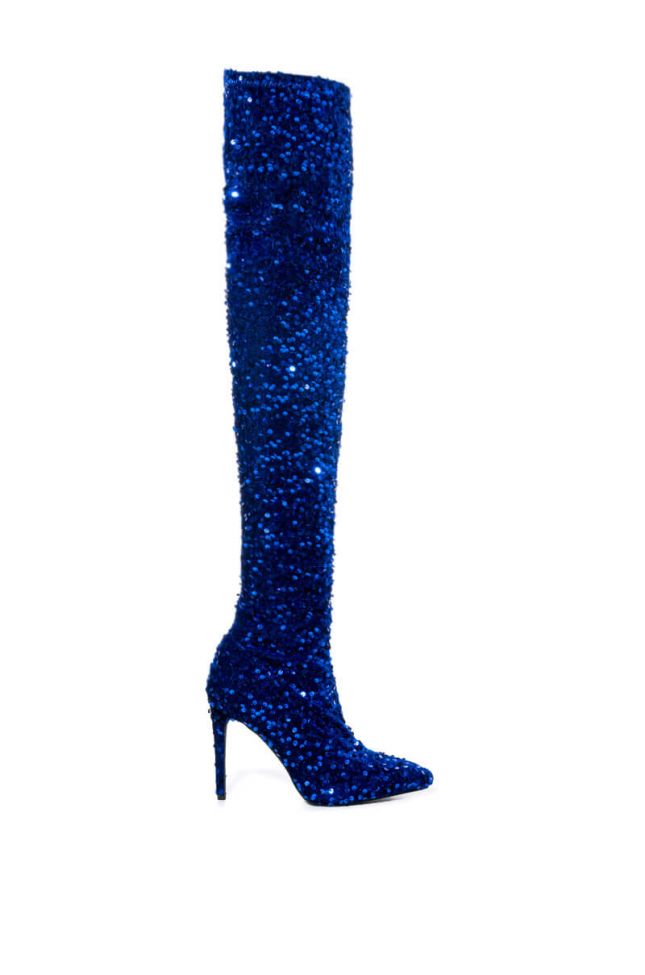 Side View Azalea Wang Ultra Stretch Sequin Thigh High Stiletto Boot In Blue