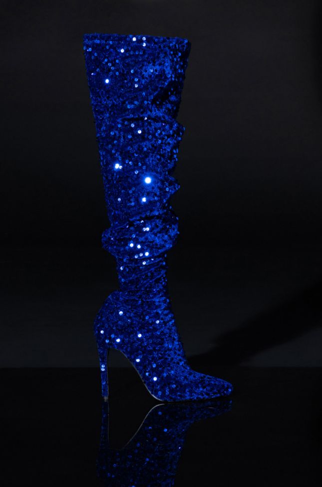 Back View Azalea Wang Ultra Stretch Sequin Thigh High Stiletto Boot In Blue