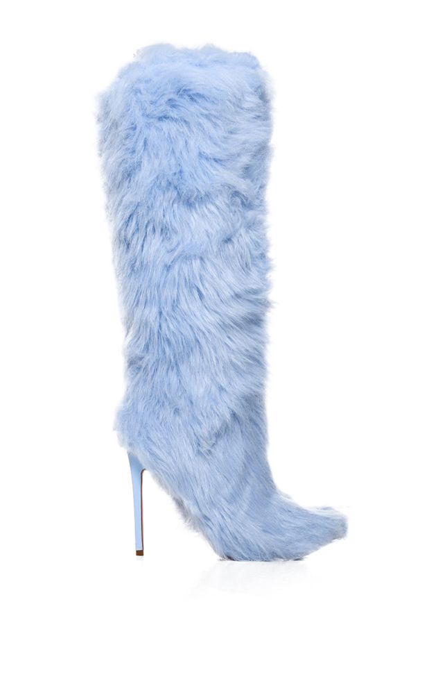 Side View Azalea Wang Upsetter Blue Furry Boot