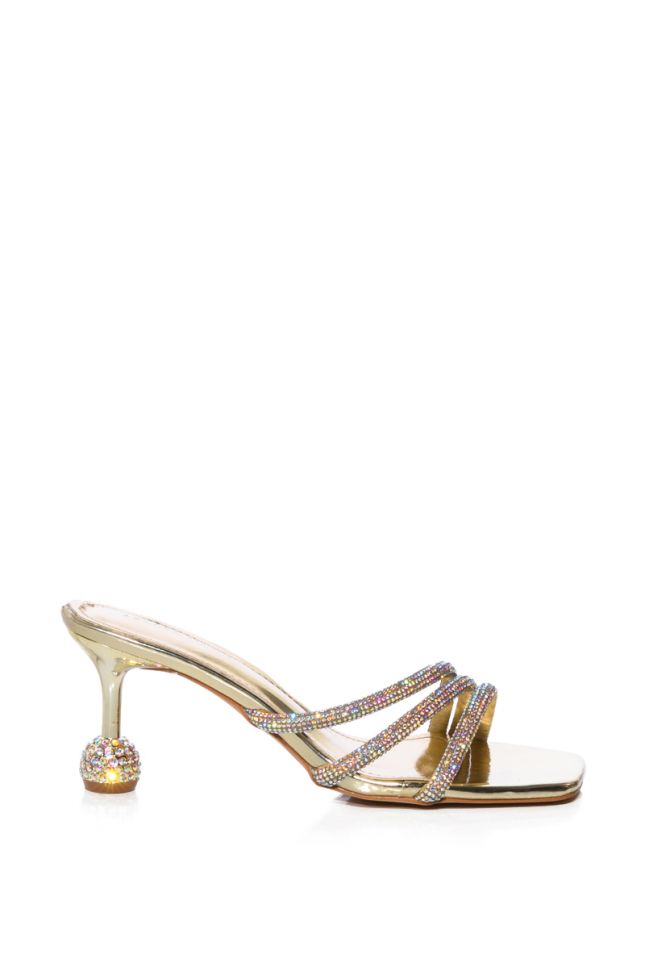 Side View Azalea Wang Waverly Rhinestone Bulb Stiletto Heel Sandal In Gold