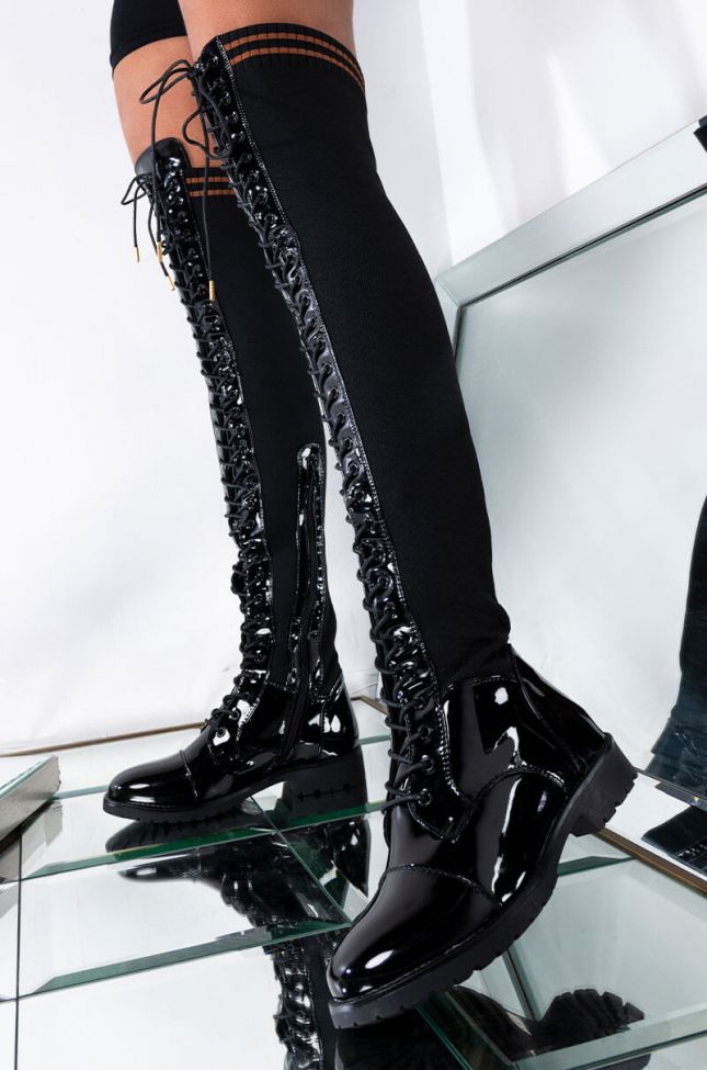 Front View Azalea Wang Whats The Tea Flat Knit Over The Knee Boot in Black Knit