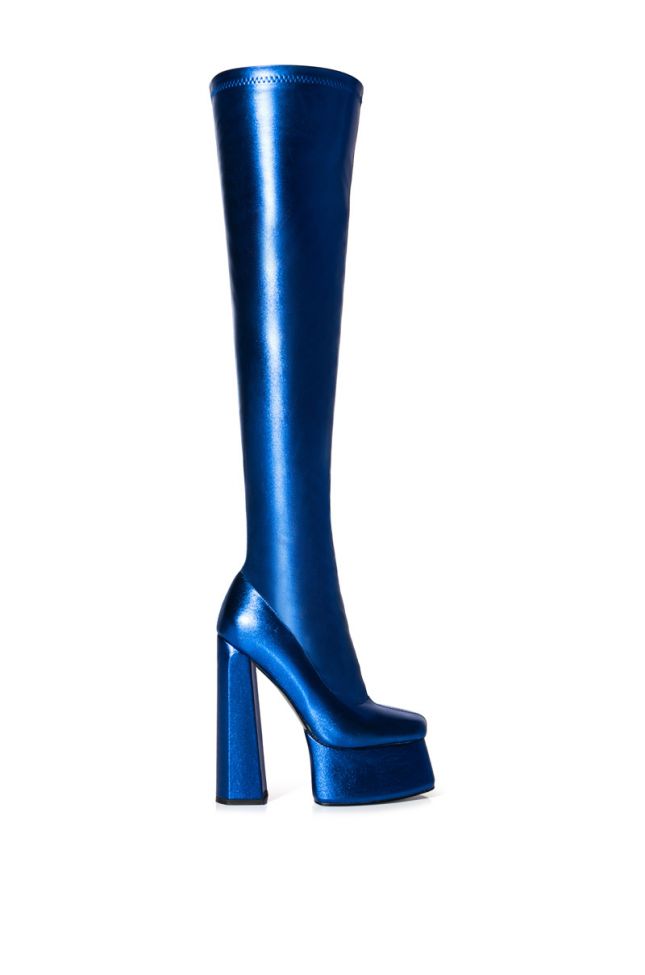 Side View Azalea Wang Whisker Thigh High Chunky Boot In Blue