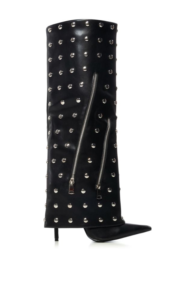 Side View Azalea Wang Yoshino Fold Over Faux Leather Stiletto Studded Boot In Black
