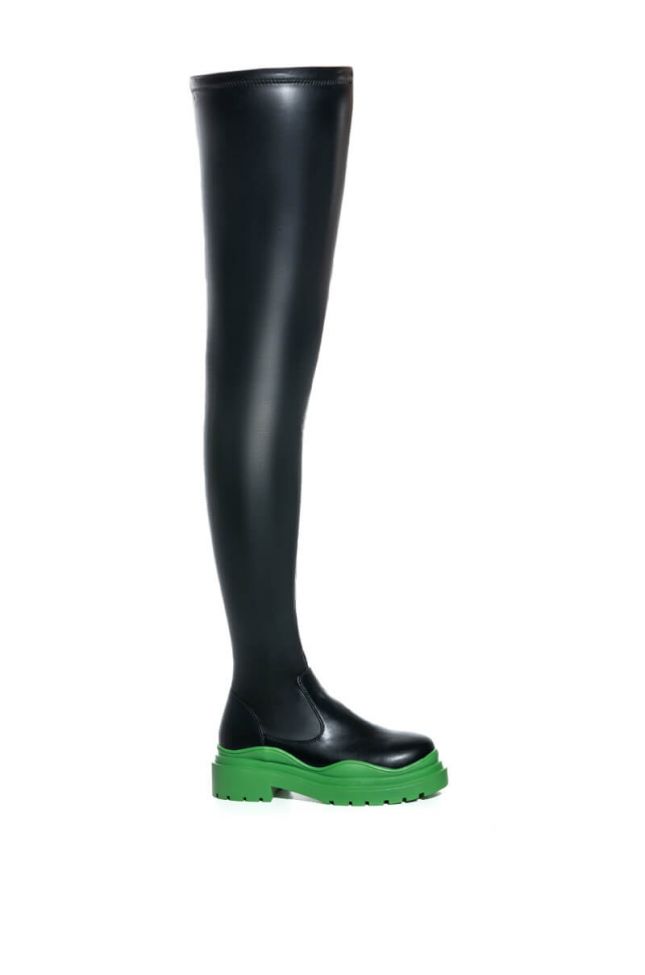 AZALEA WANG YOU KNOW YOU LOVE IT THIGH HIGH STRETCH FLATFORM BOOT IN GREEN