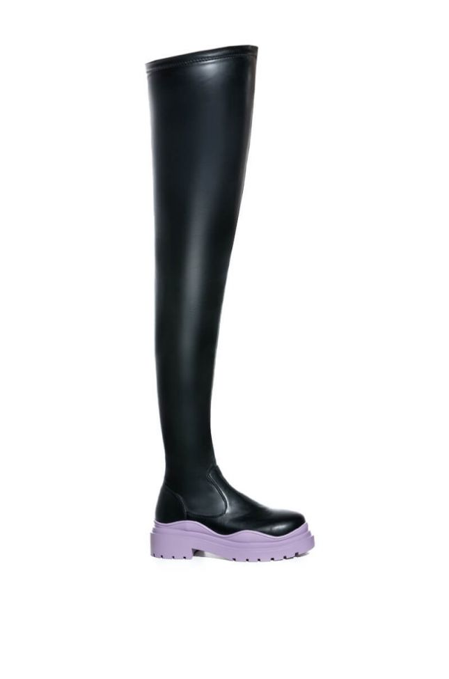 Side View Azalea Wang You Know You Love It Thigh High Stretch Flatform Boot In Periwinkle