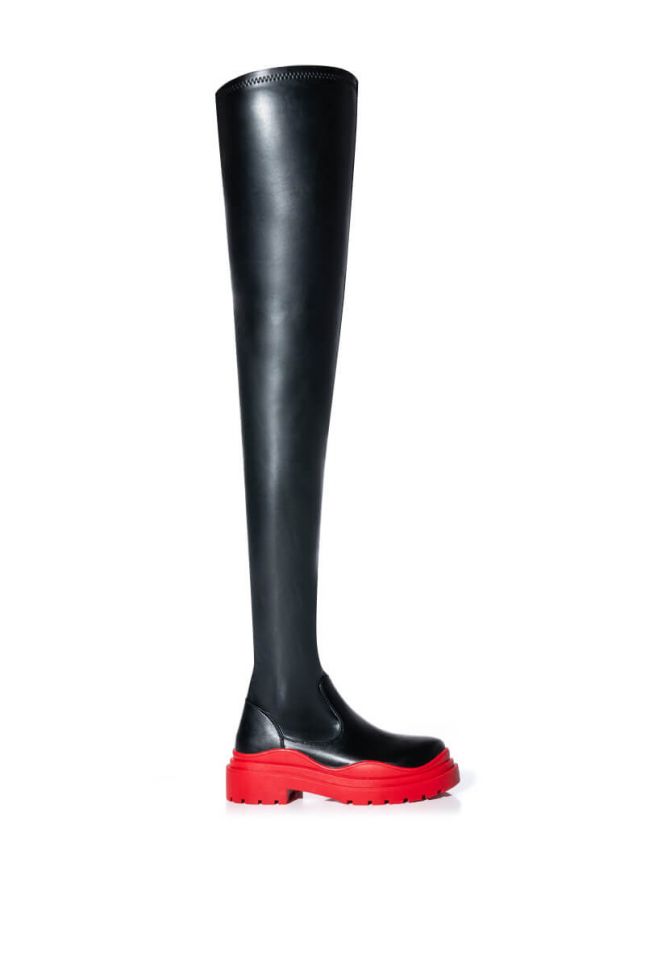 Side View Azalea Wang You Know You Love It Thigh High Stretch Flatform Boot In Red