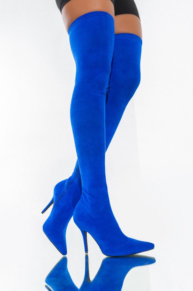 Front View Azalea Wang Your Friends Are Taking You Out Sexy Thigh High Heel Suede Boot In Cobalt