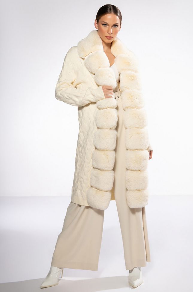 Side View Babbs Knit Trench With Faux Fur Lining In Beige
