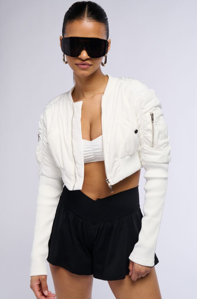 Front View Babbs Ribbed Sleeve Bomber Jacket In White