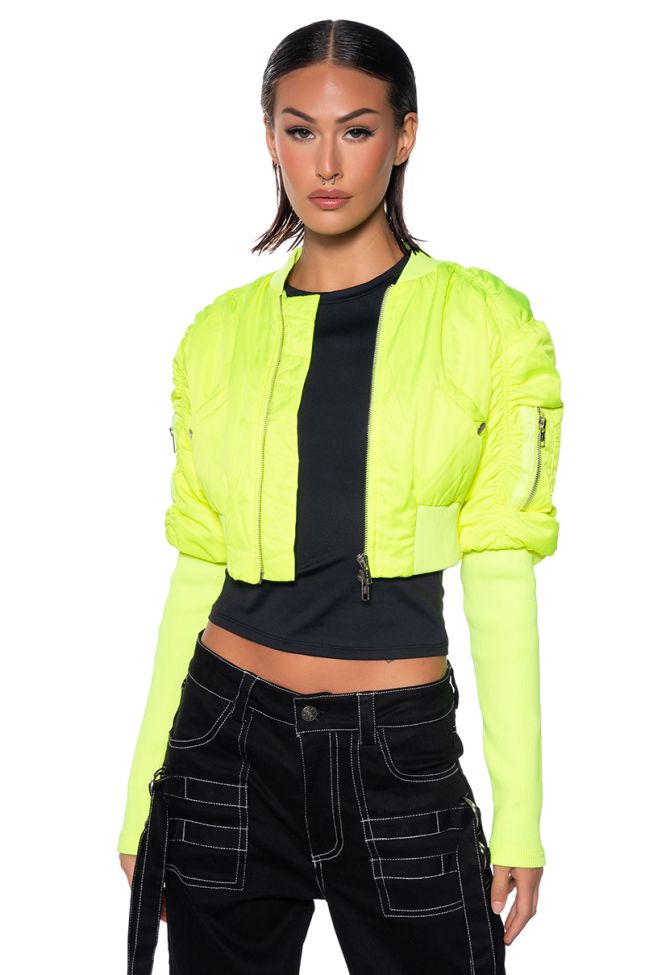 Front View Babbs Skinny Arm Bomber Jacket In Neon Yellow