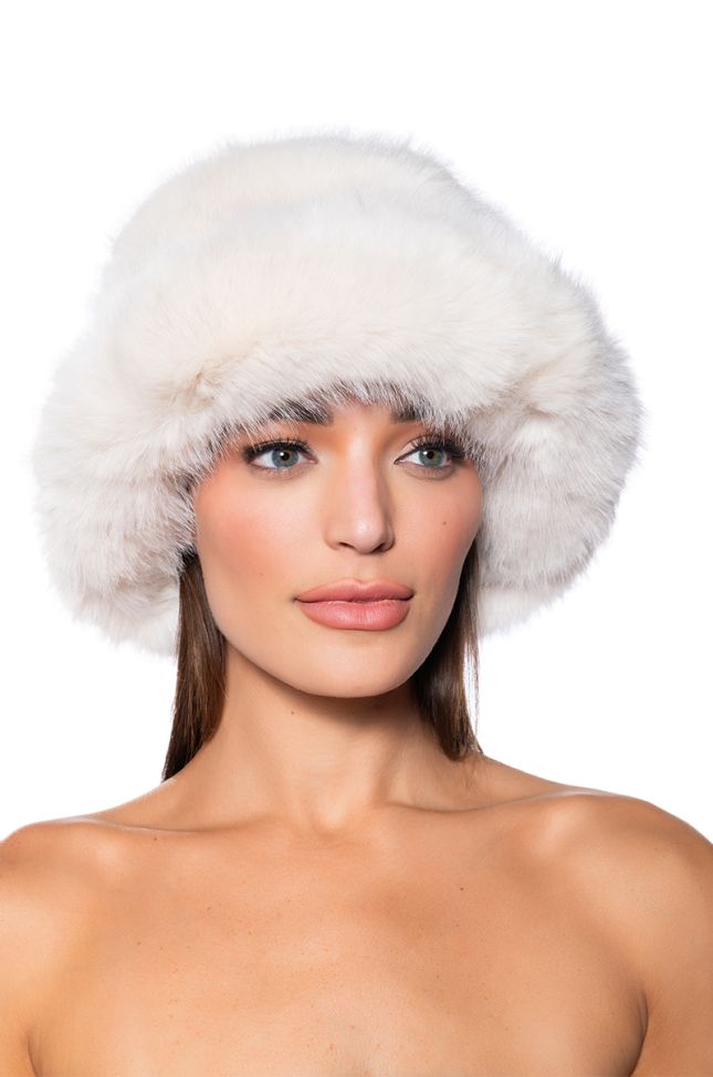 Front View Baby Its Cold Outside Faux Fur Bucket Hat In Ivory