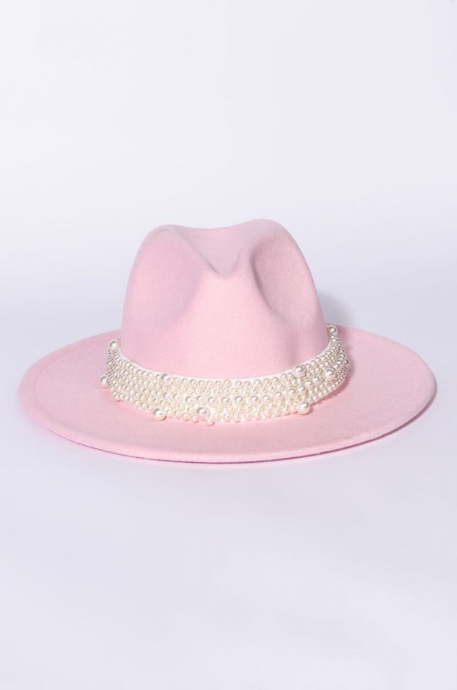 Side View Baby Pink Red Lined Pearl Band Brim Hat