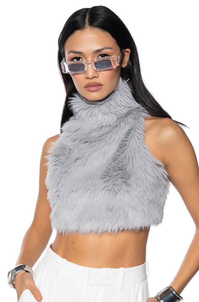 Front View Bad Gal Sleeveless Mock Neck Fur Top