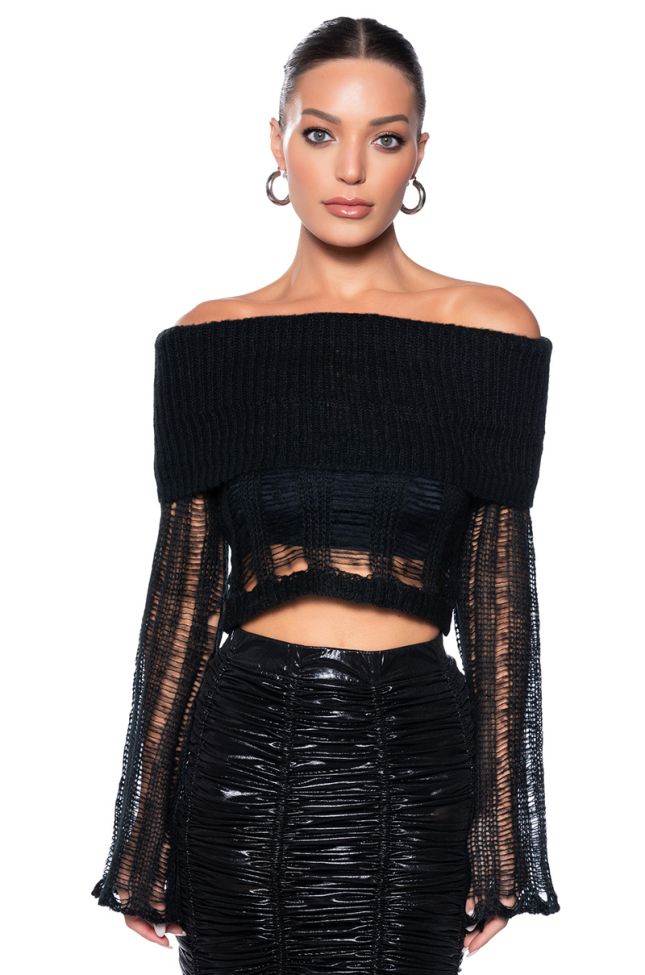 Extra View Bad Intentions Off Shoulder Distressed Sweater