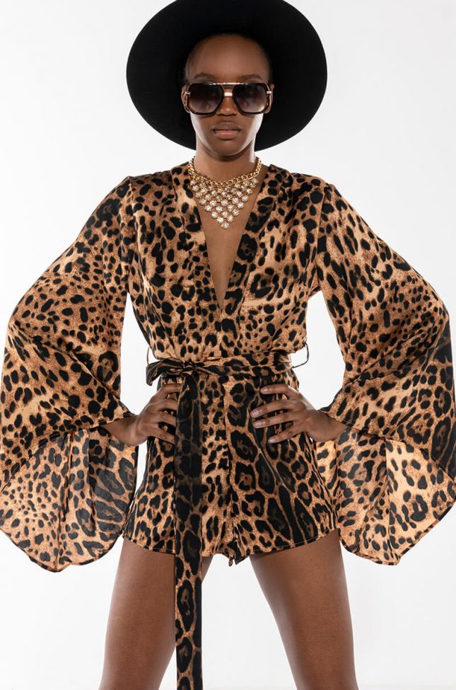 Front View Bad Lil Baby Bell Sleeves Leopard Romper