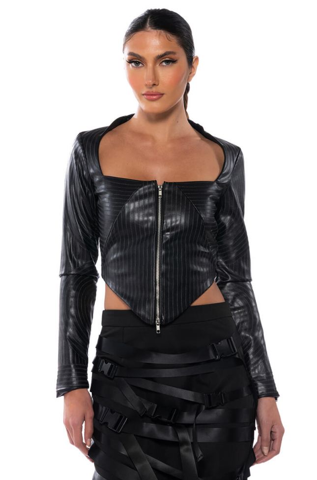 BADDIE FAUX LEATHER SQUARE NECK ZIP FRONT TOP