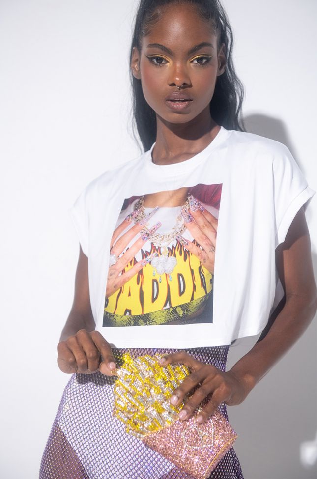 Front View Baddie Graphic T Shirt in White Multi