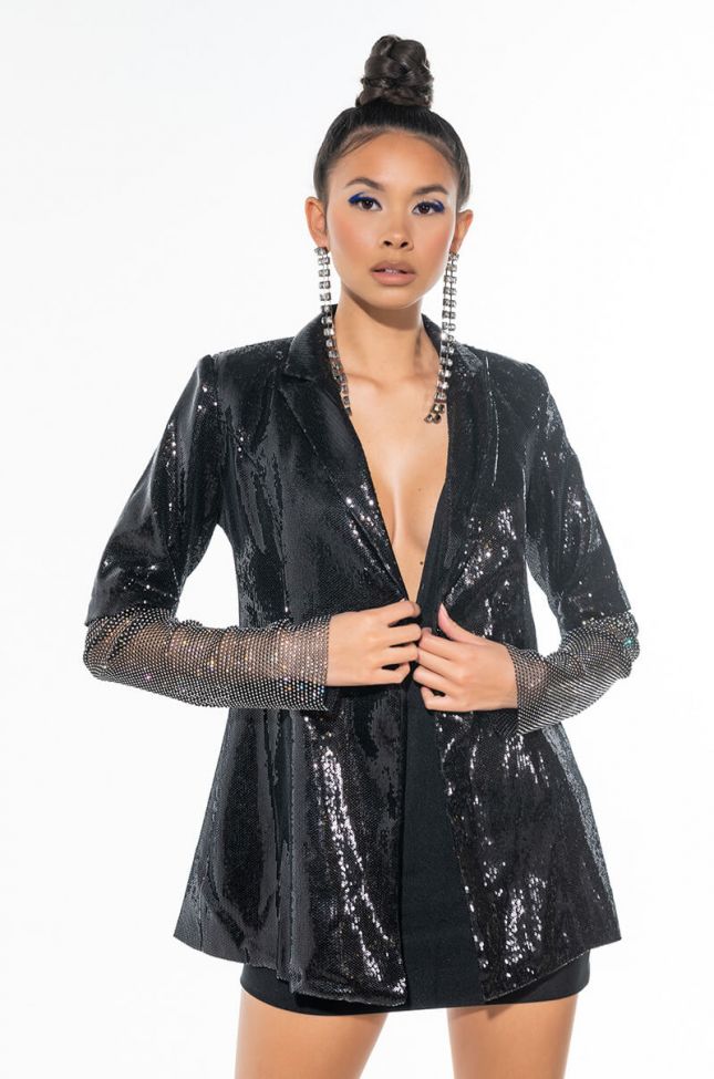 Front View Ball Drop Sequin Blazer With Rhinestone Mesh Arms