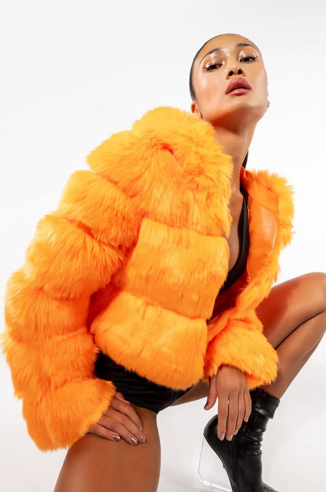Front View Bape Orange Faux Fur Jacket